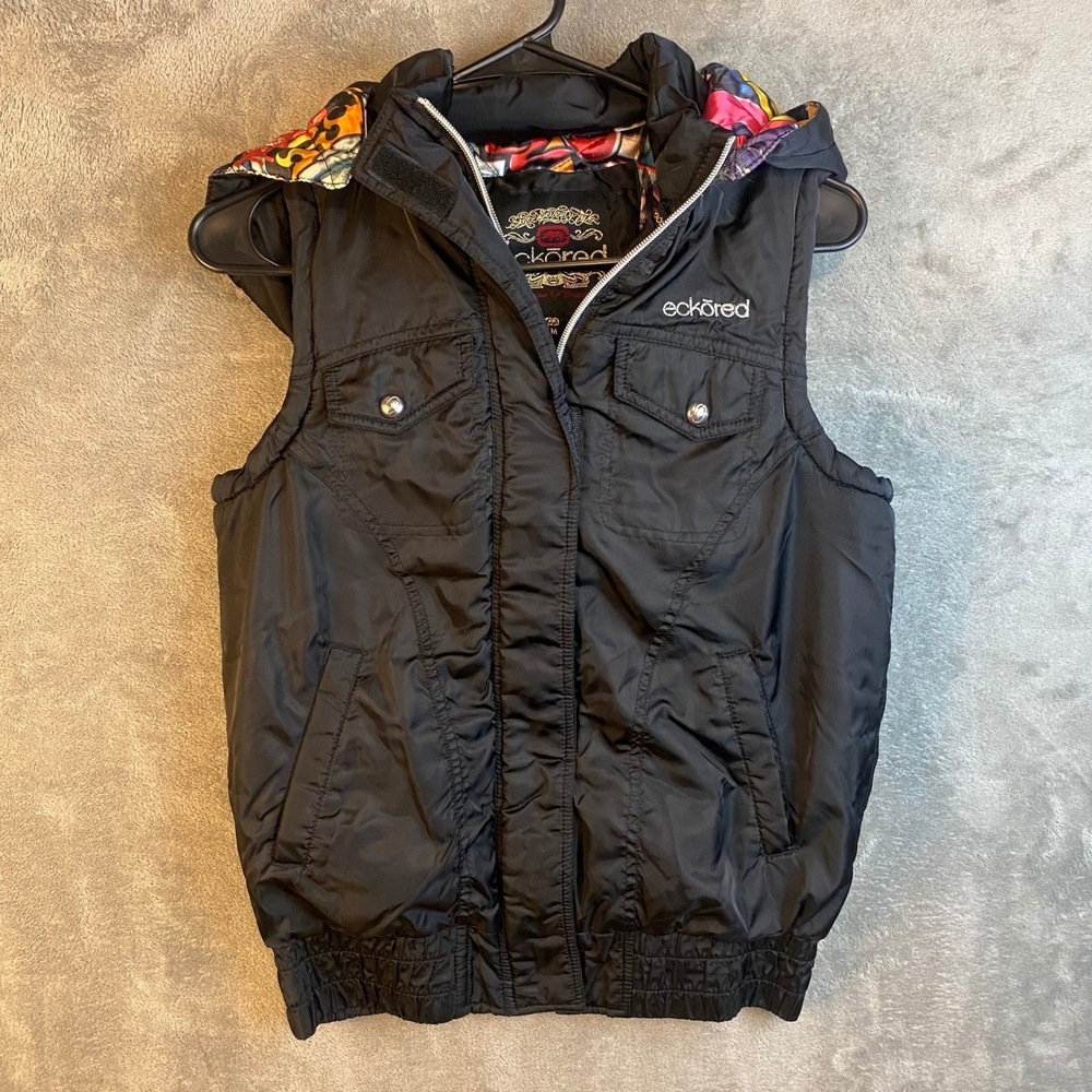 Ecko Red Puffer Vest Womens M Graffiti Hooded Black Y2K Streetwear EUC